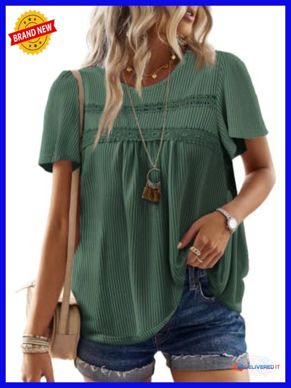 Boho Ribbed Crochet Short Sleeve Blouse for Women - Flowy Stretchy Tunic Top